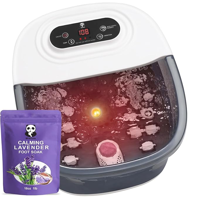 Foot Spa Bath Massager with Heat Bubbles and Vibration Massage and Jets, 16 OZ Calming Lavender Foot Soak Epsom Salt, Miwhale Foot Soaker with Red Light, 22 Massage Rollers, Adjustable Temp - Grey