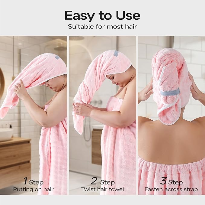 REDKISS Pink Plus Size Towel Wrap for Women, XL Adjustable Shower Wrap with Hair Towel, Super Absorbent Bath Towels Wrap for Body, Microfiber Plush Towel Wrap, Warmth Velcro Plus Size Wraps Towels