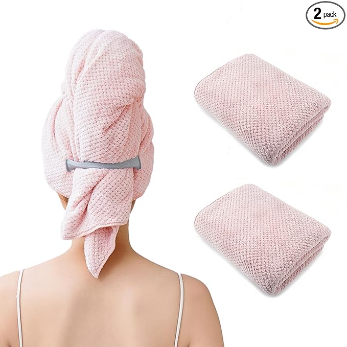 2 Packs Large Microfiber Hair Towel Wrap for Women, Quick-Dry Turban, Ultra Absorbent & Anti-Frizz, Ideal for Long, Thick & Curly Hair, Soft Lightweight Drying Towel (24x42, Pink)