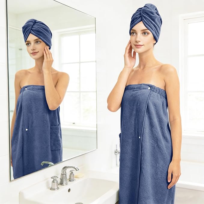 Women’s Adjustable Spa Wrap Towel Set, Microfiber Body Wrap Bathrobe with Matching Hair Towel, Super Absorbent & Quick Dry Shower Wrap for Home, Gym, Pool – Blue