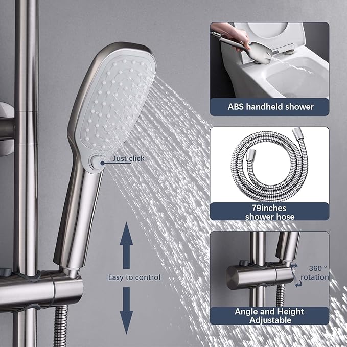 SonTiy Rain Shower Head with Handheld Spray and Shower Shelf, All Metal Shower System Kit with Hand Shower, Height Adjustable Holder and Brass Diverter for Whole Family, 2.5GPM,Brushed Nickel