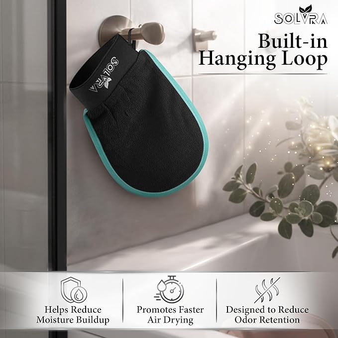 Exfoliating glove for Shower & Exfoliating body scrubber – 100% Vegan Viscose Kessa Mitt for Dead Skin Removal, Self-Tan Fade & Keratosis Pilaris –Dual-Texture Glove for Spa & Massage (1 Pack Black)