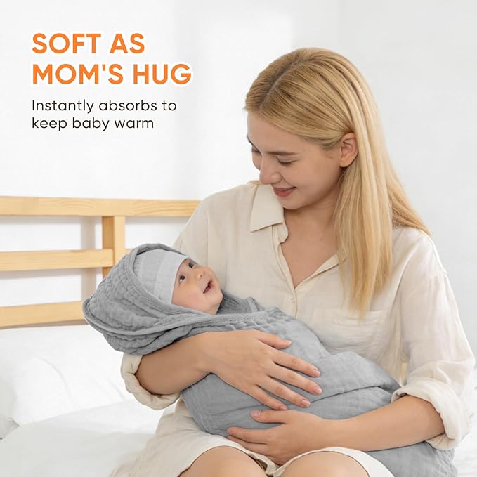 MIGIOL Muslin Hooded Baby Towels 100% Cotton ，Super Soft Muslin Baby Bath Towel - 32 x 32 Inches, Suitable for Newborn and Young Children up to 3 Years Old. (Grey & Green)