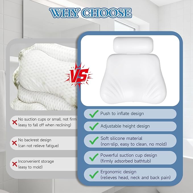Silicone Bath Pillows for Tub, Easy Clean, Quick Dry, Non Slip Bath Pillow, Head and Back Both Inflatable Adjustable, Comfortable Luxury Bathtub Pillow with 5 Large Suction Cups