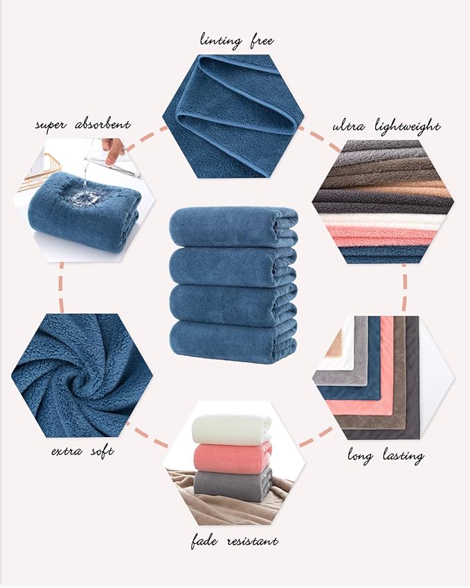 Lumimi Towels 4 Piece Soft Microfiber Bath Towel Set Salon Gym Yoga Travel Incredibly Absorbent Lightweight Quick Dry and Durable, 55" L x 27" W, 4 Pack Blue