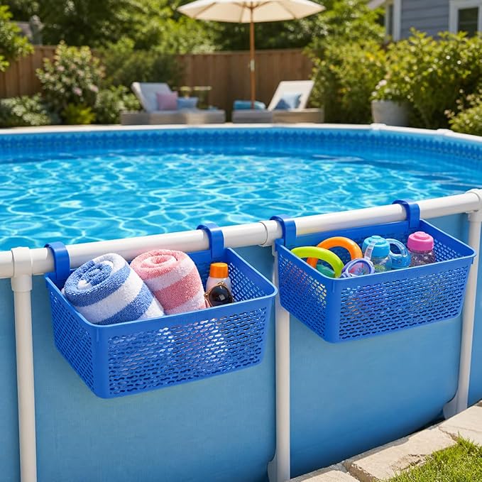 2 Packs XL Poolside Storage Basket for Above Ground Pools – 15.6" L x 12.1" W x 6.1" H - Swimming Pool Organizer Patio Accessories – Made in Europe – (Blue)