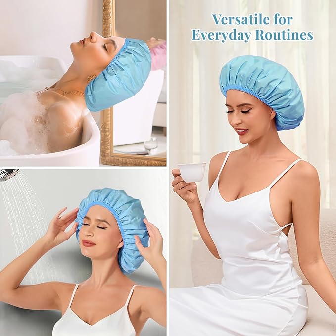 Shower Cap for Women Waterproof Reusable, Large Shower Cap Non-Slip with Elastic Band, Washable Bath Hair Hat for Long Hair, Braids (Light Blue)