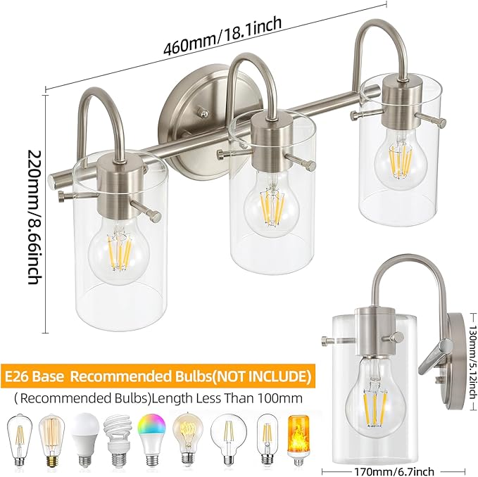 3 Lights Vanity Light Fixture, Brushed Nickel Bathroom Wall Sconces, Modern Wall Light with Clear Glass Shade, Farmhouse Wall Mount Porch Wall Lamp for Mirror, Kitchen, Living Room, Workshop