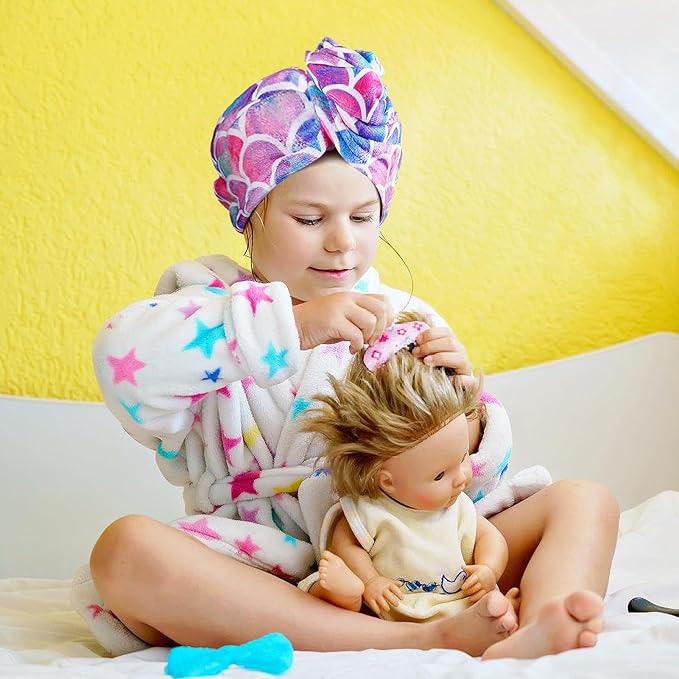 MADHOLLY Fast Drying Microfiber Hair Towel for Kids Women - 2 Packs Soft Super Absorbent Hair Towel Wrap with Button, Anti-Frizz Turban for Thicker Curly Long Hair, Mermaid Pattern Gift for Girls