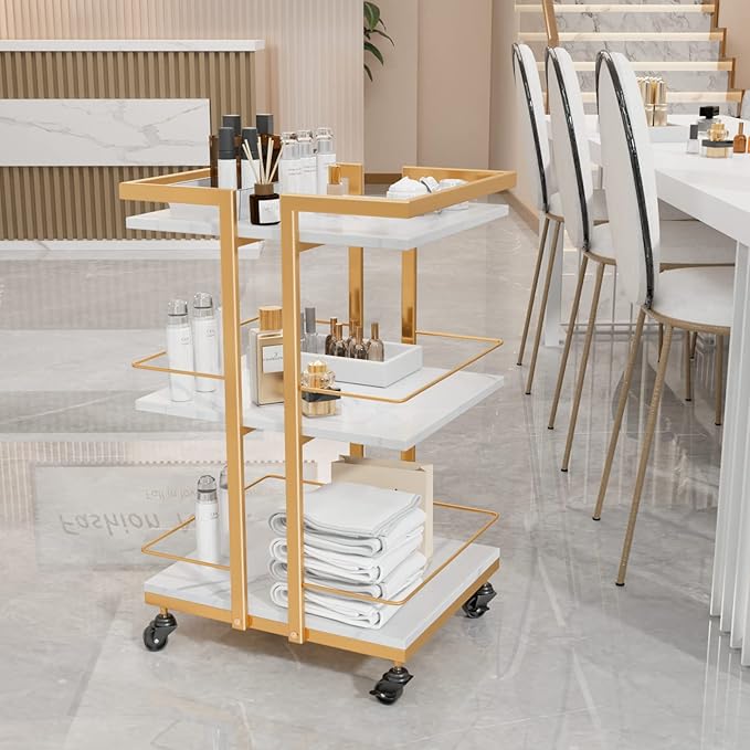 Esthetician Cart with Wheels Utility Salon Rolling Trolley, Gold Mobile Storage Organizer for Beauty Spa Cosmetology Massage, Tattoo Manicure Facial Tool Holder Station