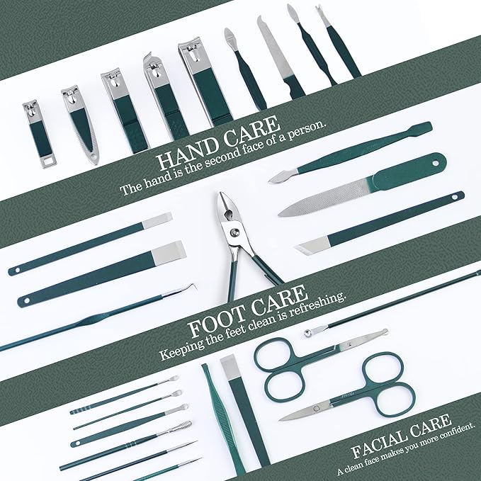 WOAMA Manicure Set Nail Clippers 30-piece Pedicure Kit Manicure Tools Nail Manicure Kit with Green Travel Case for Home, Workplace, Gift, Beauty Salon