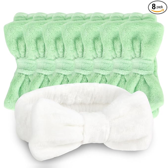 CIEHER 8 Pcs Hairband Set for Bachelorette Party Favors - 1 White + 7 Green, Hair Accessories for Bride Bridesmaid, Securing Hair for Skincare Makeup Headbands Face Wash Headbands for Women