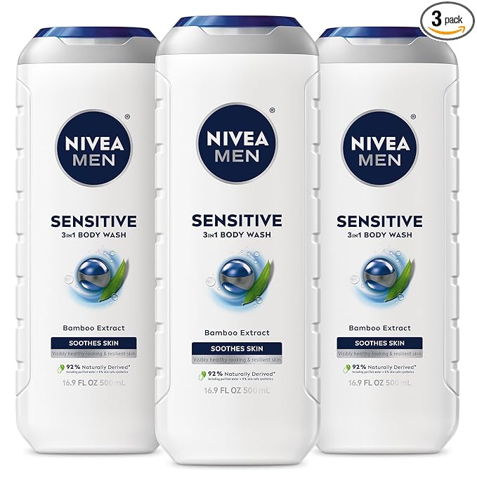 NIVEA MEN Sensitive Body Wash with Bamboo Extract, Moisturizing Body Wash for Sensitive Skin, Soap Free Shower Gel for Men with No Drying Alcohol, 16.9 Fl Oz Bottle, Pack of 3