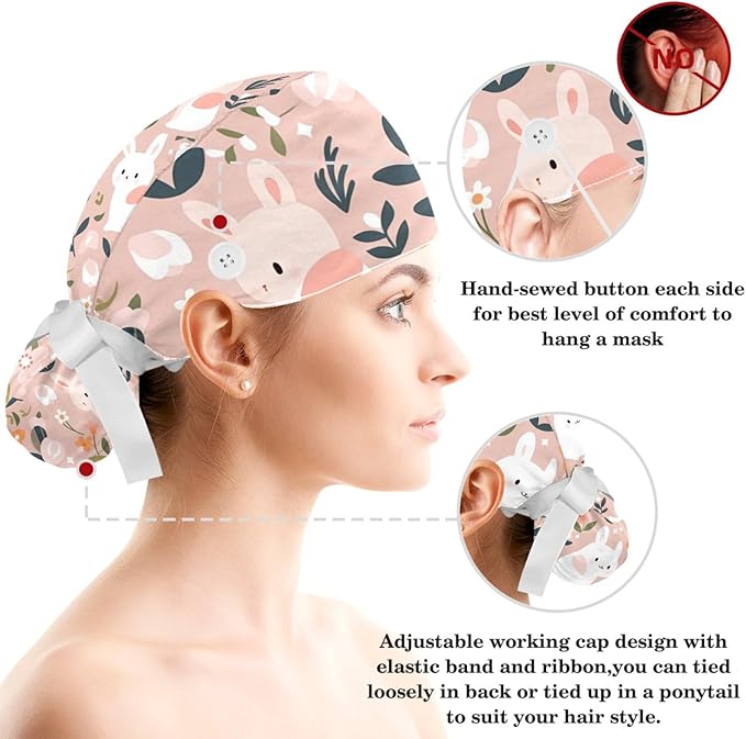 Scrub Caps Women Ponytail Cute Pink and White Leaves Caps Bouffant Working Hat Elastic Tie Back Hats with Button