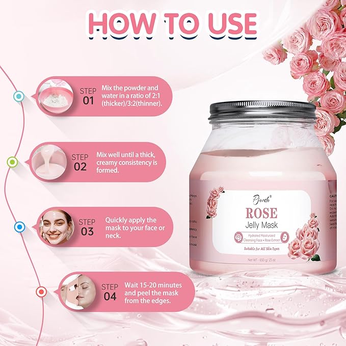 Pjordo Jelly Masks for Facials Professional, Bulgarian Rose Hydrating & Moisturizing Jelly Mask Powder with Mixing Bowl Set, Peel-Off Hydrojelly Face Mask Skincare, Spa Use for All Skin