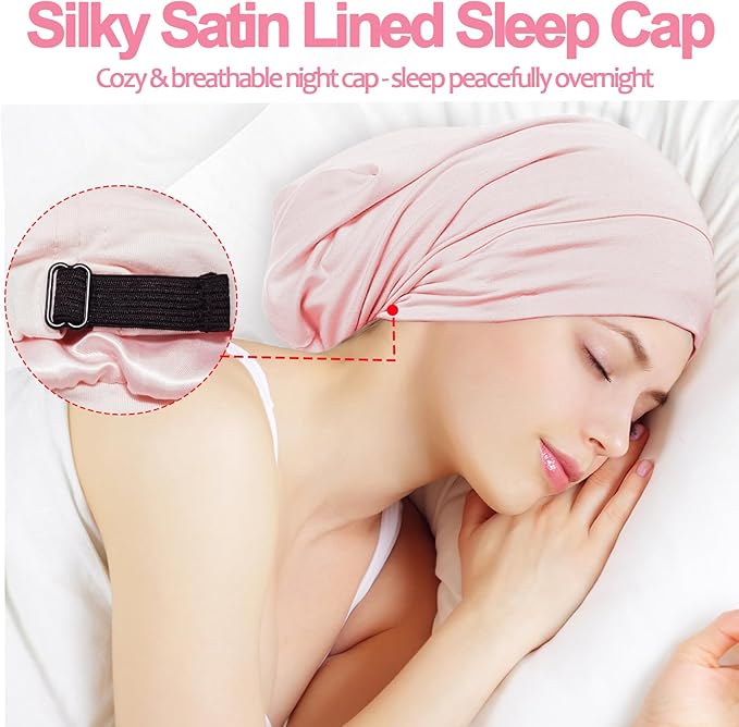 Satin Bonnet for Sleeping Night Cap, Adjustable Satin Lined Silk Bonnets Sleep Cap for Curly Hair Braids Beanie Black Women