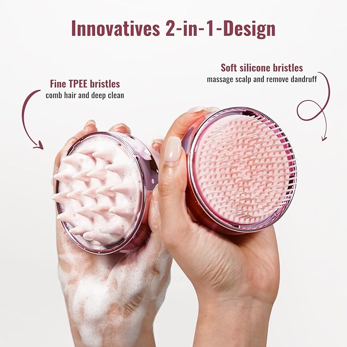 SHINLEA 2 in 1 Scalp Massager Hair Growth,Scalp Scrubber with Soft Silicone Bristles for Dandruff Removal,Shampoo Brush for Exfoliation,Head Massager for Both Wet and Dry Use (Pink)
