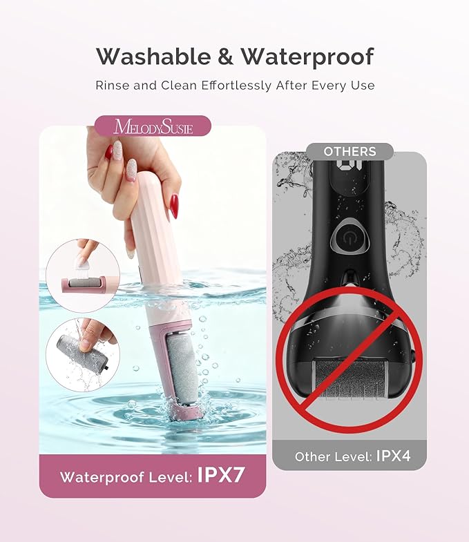 MelodySusie Electric Callus Remover for Feet, PC800G Waterproof Rechargeable Pedicure Tool with Light & 3 Different Grits Roller Heads & Adjustable Speeds, for Dead Skin & Cracked Heel (Pink Rose)