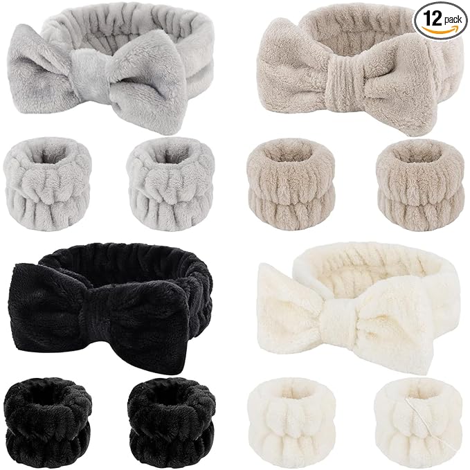 SLNZAPTY 12 PCS Face Wash Headband Wristband Set for Women, Microfiber Spa Hair Wraps for Girls, Makeup Skincare Headbands Wrist Bands for Washing Face（Black, Gray, Light coffee, Beige）
