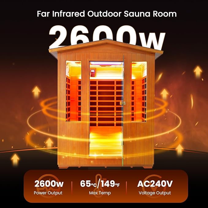 OUTEXER Outdoor 4 Person Sauna Far Infrared Saunas Dry Sauna Room Red Cedar and Canadian Hemlock Wood Wooden Sauna Spa 2600W 240V with 7 Color Light 62.2 * 46.8 * 81.9 inches