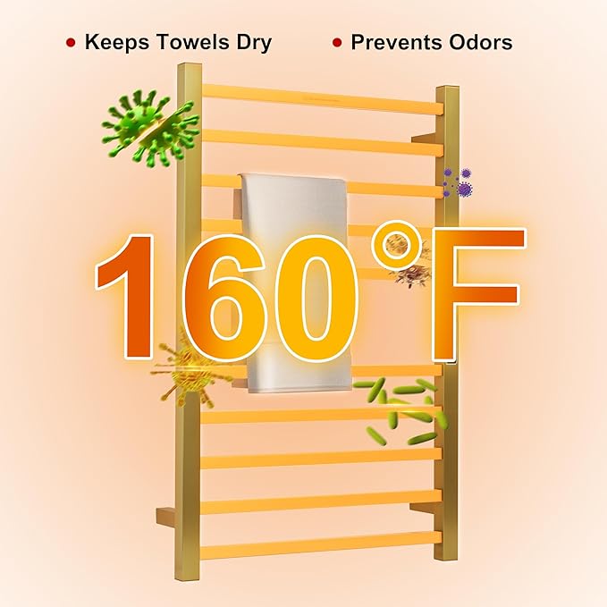 Heated Towel Racks for Bathroom, Wall Mounted Electric Towel Warmer Racks with Timer & Temperature Control, 10 Bar Stainless Steel Towel Heater for Bathroom, Brushed Gold, Plug-in