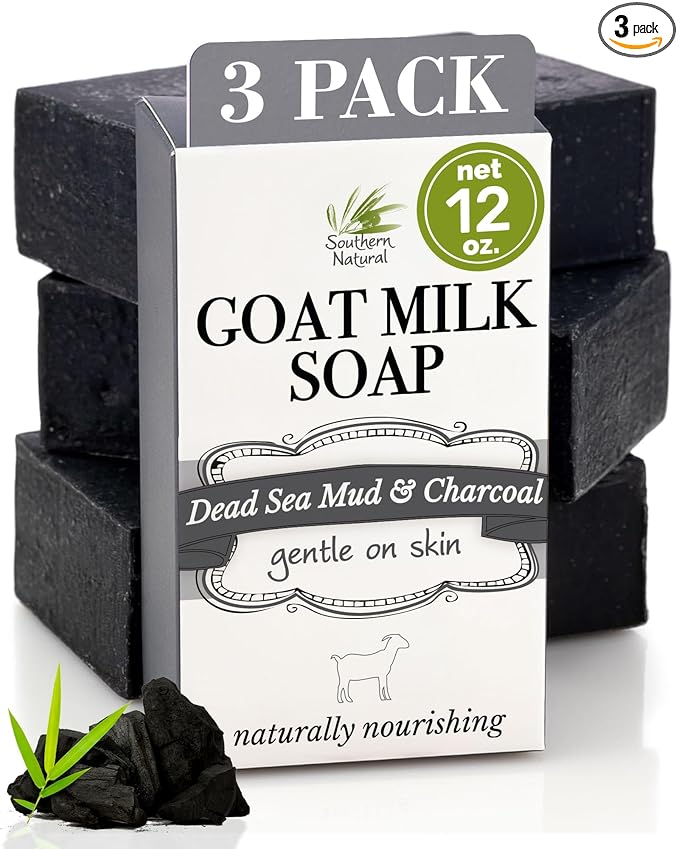 Southern Natural Activated Charcoal Soap Bar (3 Pack) Face and Body Soap For Sensitive Skin With Dead Sea Mud, Goat Milk & Peppermint Essential Oil