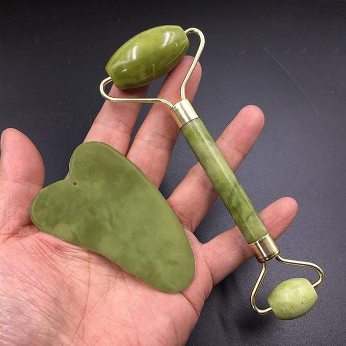 Jade Roller & Gua Sha Set – 100% Natural Jade Stone Face Massager | Cooling Facial Tool for Skin Tightening, Anti-Aging, Puffiness & Lymphatic Drainage | Skincare Gift for Women