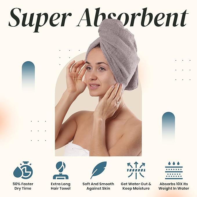 Extra Large Waffle Cotton Hair Towel Wrap - 30 inches Long, 400 GSM, Ultra Absorbent, Quick Dry Hair Turban for Women, Ideal for Long and Curly Hair, Perfect for Plopping (Grey)