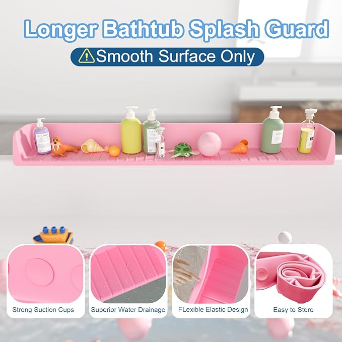 Splash Guard for Bathtub Kids, Silicone Bath Splash Guard Play Shelf, Tub Water Guards Longer Bath Toy Tray Holder, Bath Tub Splash Guard Prevent Water Spills in Bathroom (2.6FT, Pink)