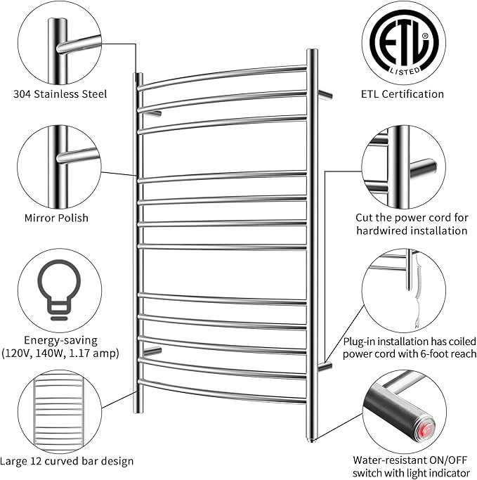 HEATGENE Towel Warmer Wall Mount Electric Plug-in/Hardwired Heated Towel Rack, 4-Supports Mirror Polish