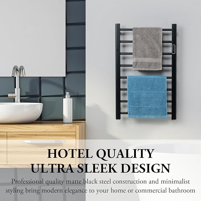 MyGift Hotel Series Matte Black Carbon Steel Towel Warmer Rack with 8 Heating Bars and LED Temperature Timer Control, Freestanding or Wall Mounted Electric Bath Towel Warming Holder