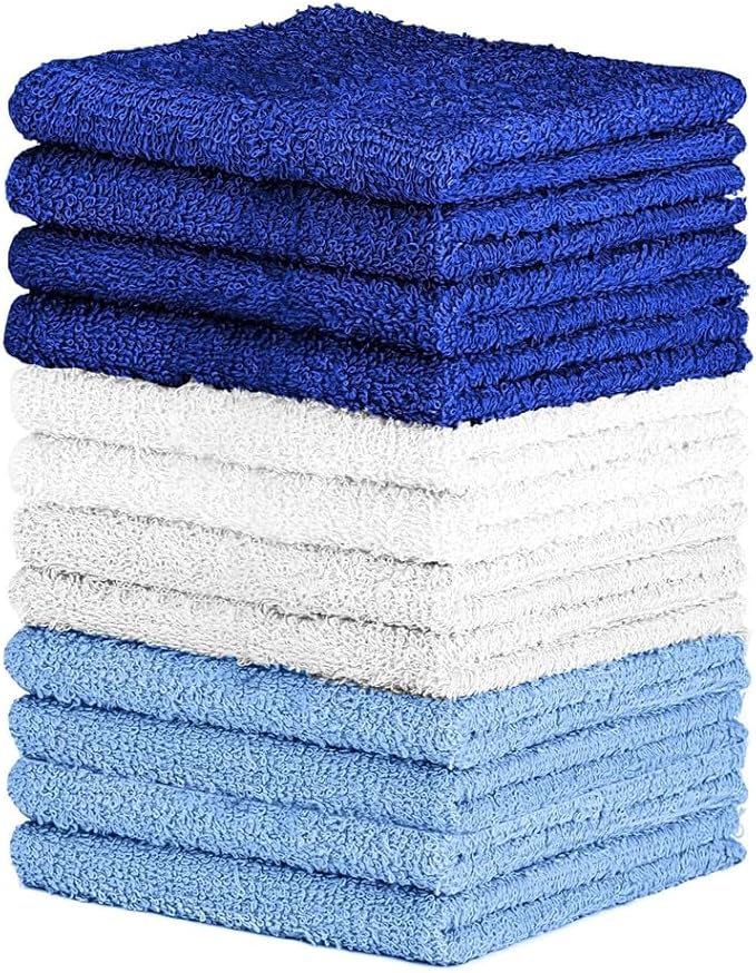 QUBA LINEN 100% Cotton Washcloth Set – Soft, Absorbent Face Towels for Bathroom & Gym Use – Durable & Reusable Wash Cloths - (Blue, White and Navy (12x12), (Pack of 12)