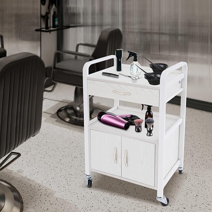 Salon Trolley Cart with Wheels, Mobile Utility Storage Cabinet with 1 Drawer & Shelves, 165lbs Load Capacity Rolling Cart for Beauty SPA Nail Salon, White