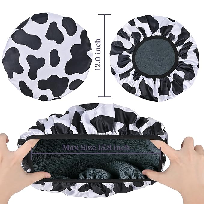 Black Cow Print Satin Shower Cap, Three-Layer Terry Cloth Lined, with Silk Hair Ties, Microfiber Waterproof Reusable Large Size Shower Cap for Women Long Thick Hair
