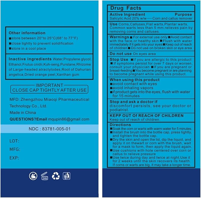 MQUPIN Corn Removers for Toes，Extra Strength Corn & Callus Remover for Feet & Toes - Fast Acting Liquid with 15ml*2 Solution, 30PCS Cushions + 10PCS Swabs
