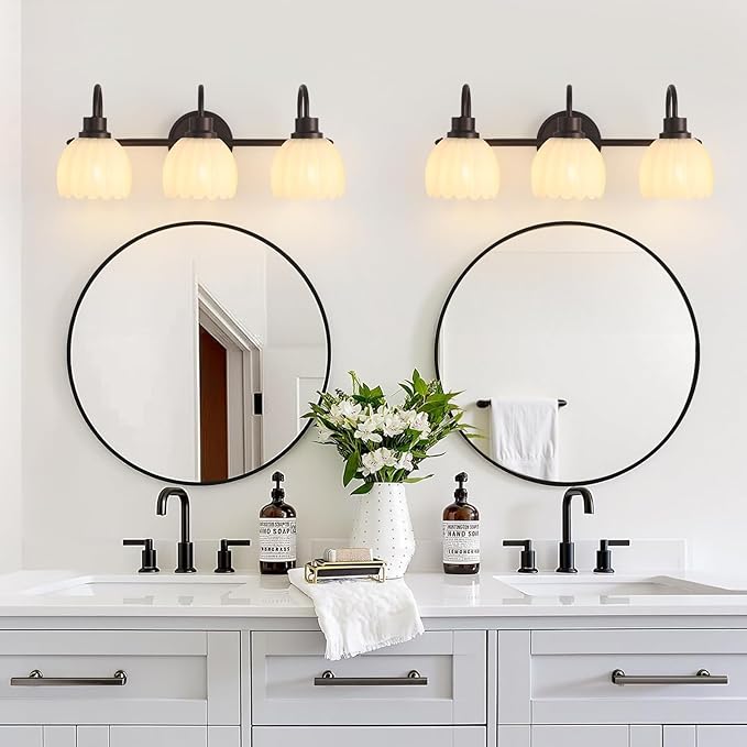 Bathroom Light Fixtures (3-Light, 20 Inch), Oil Rubbed Bronze Vanity Lights for Bathroom with Ribbed White Tulip Glass Shade, Vintage Vanity Wall Lights for Mirror Bedroom Living Room Hallway