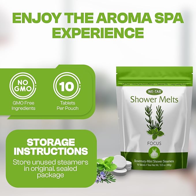 Shower Steamers 10-pk with Essential Oil Aromatherapy to Focus, Long Lasting Rosemary Mint Scent, No Stain or Artificial Dye, for Relaxation, Stress Relief & Self Care