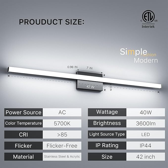 42Inch LED Bathroom Vanity Light Bar 5700K Dimmable Led Bathroom Light Over Mirror Modern Bath Wall Light Cool White ETL Certified 40W 2Pack