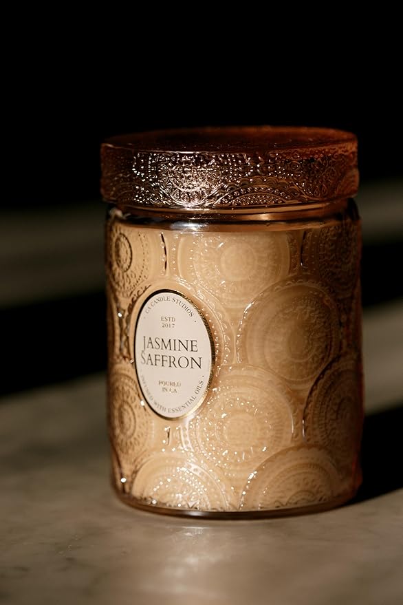 LEOBEN CO – Jasmine Saffron Scented Candle – 18oz, Heirloom Collection Design – 80 hr Burn Time – Poured in California Using Vegan Soy Wax and Essential Oils – Made in Small Batches