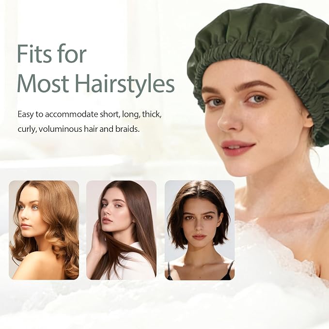 Shower Cap for Women Reusable Waterproof, Large Bath Cap with Elastic Band, Hair Caps for Long Hair and Braids, Green