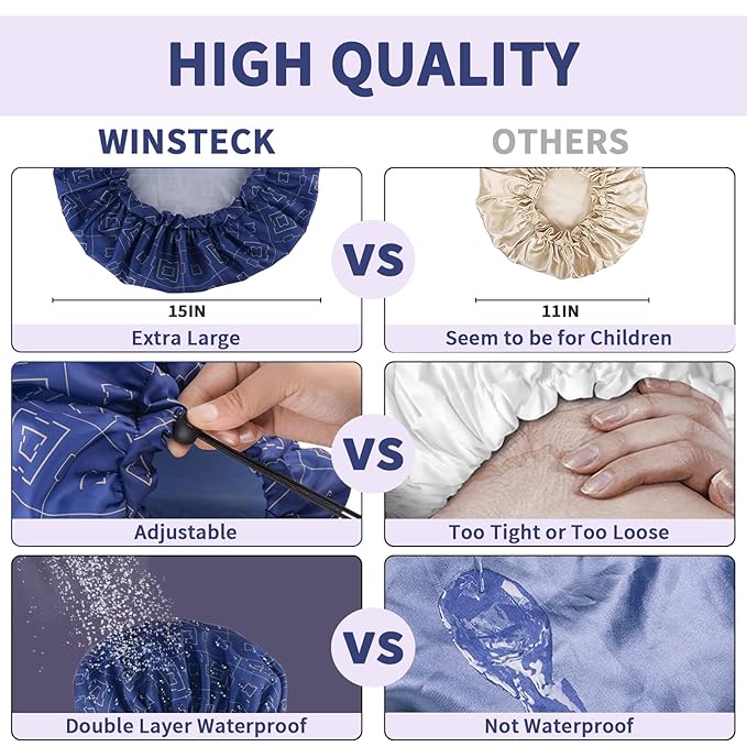 3 PCS Shower Caps for Women, Upgrade Comfortable & Extra Large & Double Layers Waterproof Bath Cap, Oversized Designed Adjustable Hem Hair Cap for All Hair Lengths/Style