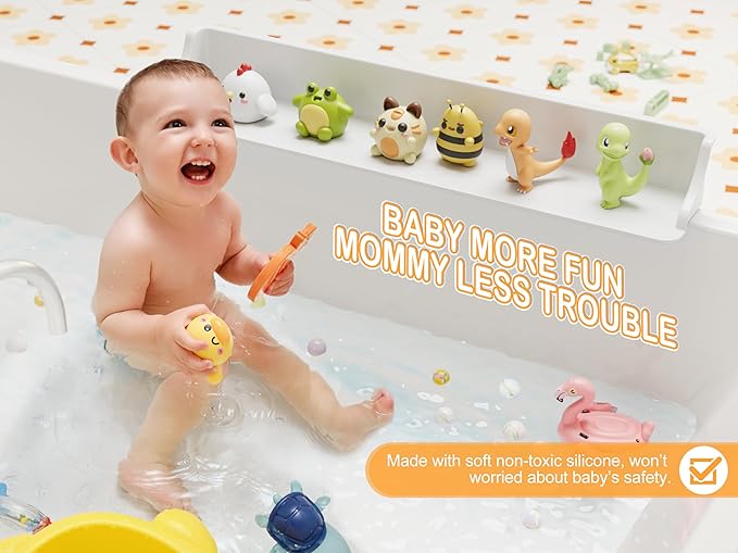 Cushore 3-Ft Bathtub Splash Guard PlayPad with Strong Suction Cups, Toy Tray Caddy Holder Storage, No-Leak, Mess-Free Bath Time for Kids, White