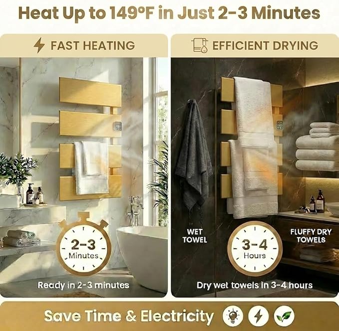 Electric Towel Warmer, Heated Towel Rack with Thermo Control and Timer, Fast Heating Towel Rail for Bathroom with Memroy Function, Work with Smart Plug, Right-Wiring, 4 Panel, Gold