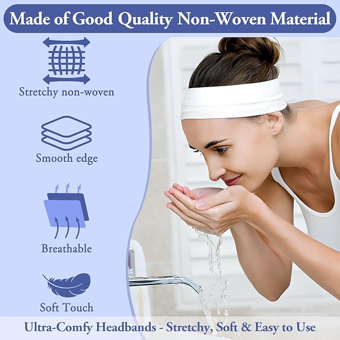 Sublaga 40 Pcs Disposable Spa Facial Headbands, Stretch Headband Wrap with Adjustable Magic Tape, Esthetician Spa Headband Stretch Non-Woven Facial SkinCare for Women Sport Yoga Salon Shower