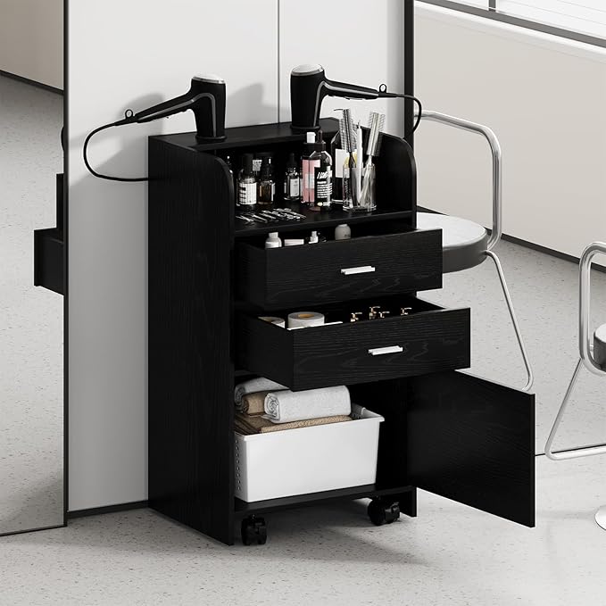 4ever2buy Salon Station for Hair Stylist, Black Beauty Barber Station, Salon Trolley Cart with Wheels, Mobile Organizer for Salon, Spa, Barbershop, Nail & Beauty Tools, Black