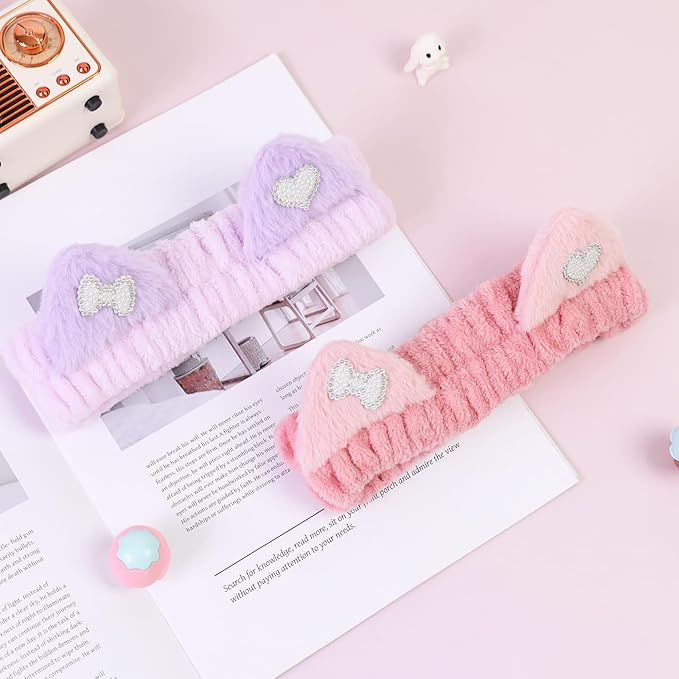 Spa Headband for Washing Face, 2 Pack Cute Cat Ear Hair Band for Shower Yoga Beauty, Fluffy Makeup Headband, Kawaii Facial Headbands for Woman Girls, Dark Pink+Purple Heart