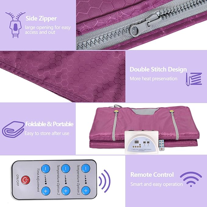 Sauna Blanket Infrared,Double Zipper Design 2 Zone Far-Infrared Sauna Blanket，70"x32"Waterproof Oxford Cloth Professional Detox Therapy Beauty Machine(Zipper Type,Purple)