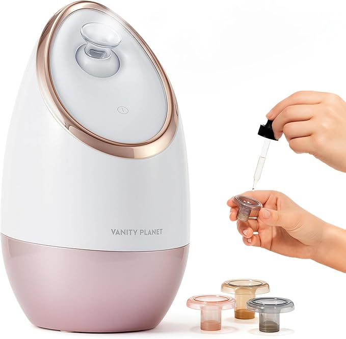 Vanity Planet Aira Ionic Facial Steamer - Face Steamer for Facial Deep Cleaning, Moisturizing - Steamer for Face with Adjustable Nozzle, Water Tank and 3 Essential Oil Baskets (Rose Gold)