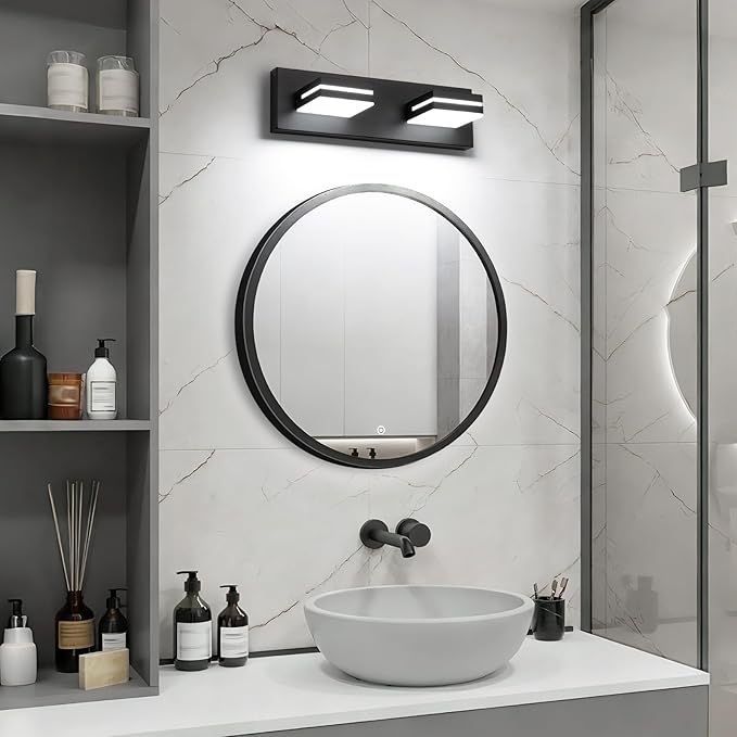 SineRise LED Modern Bathroom Vanity Light Fixtures (2-Light, 15.5-Inch), Matte Black Modern Acrylic Bathroom Wall Lighting Fixtures Over Mirror (Cool White 6000K)