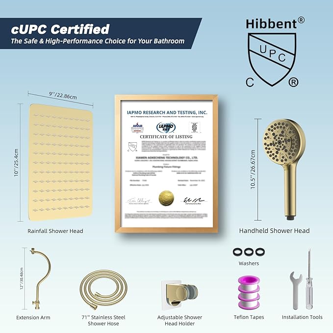 Hibbent All Metal CUPC Certified Shower Head, 10'' High Pressure Rainfall Shower Head, Handheld Showerhead Combo, 12'' Adjustable Extension Arm, 10 Sprays, 71'' Hose, Shower Holder, Brushed Gold